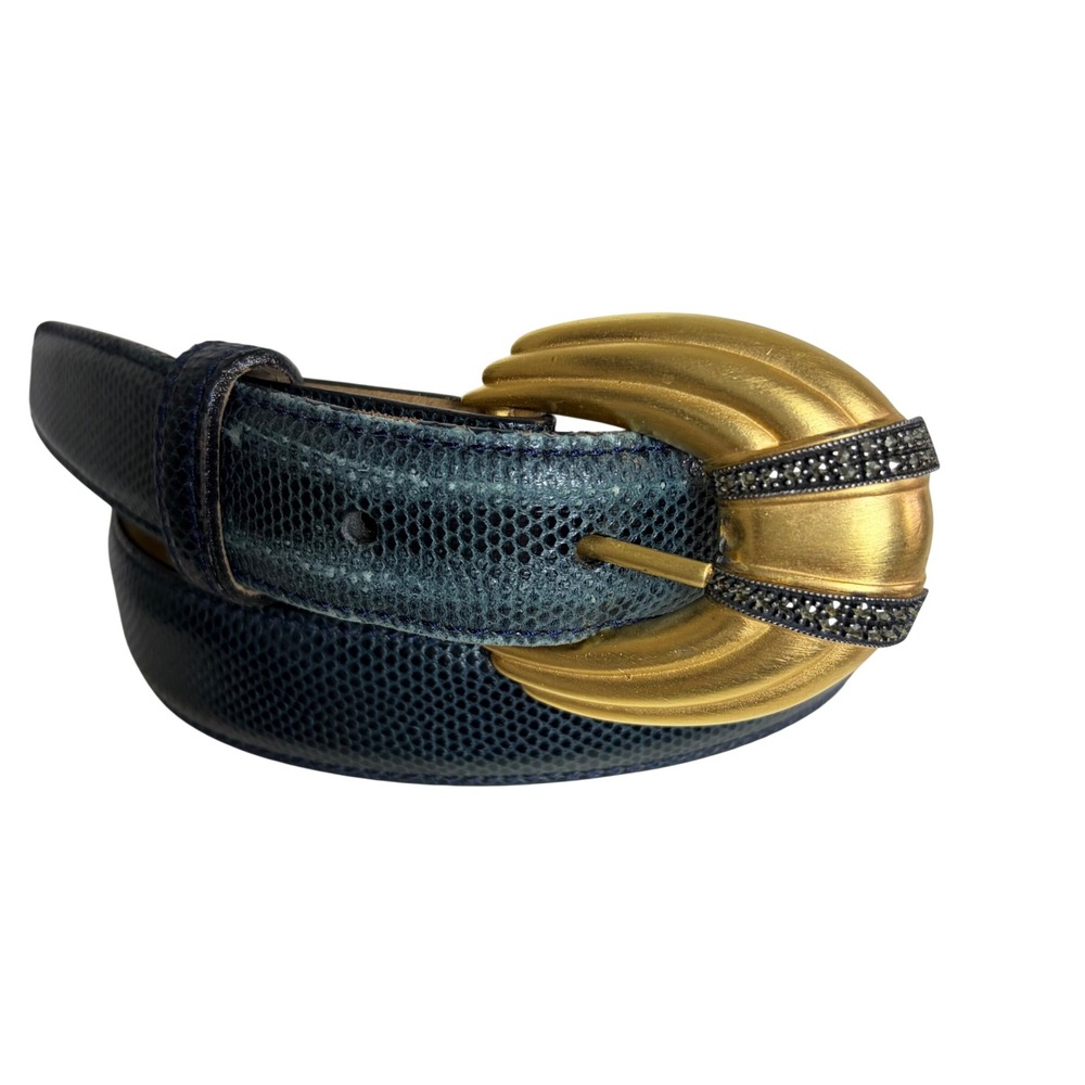 Judith Jack Vintage Navy Lizard Skin Belt M Gold Marcasite Buckle Made in USA